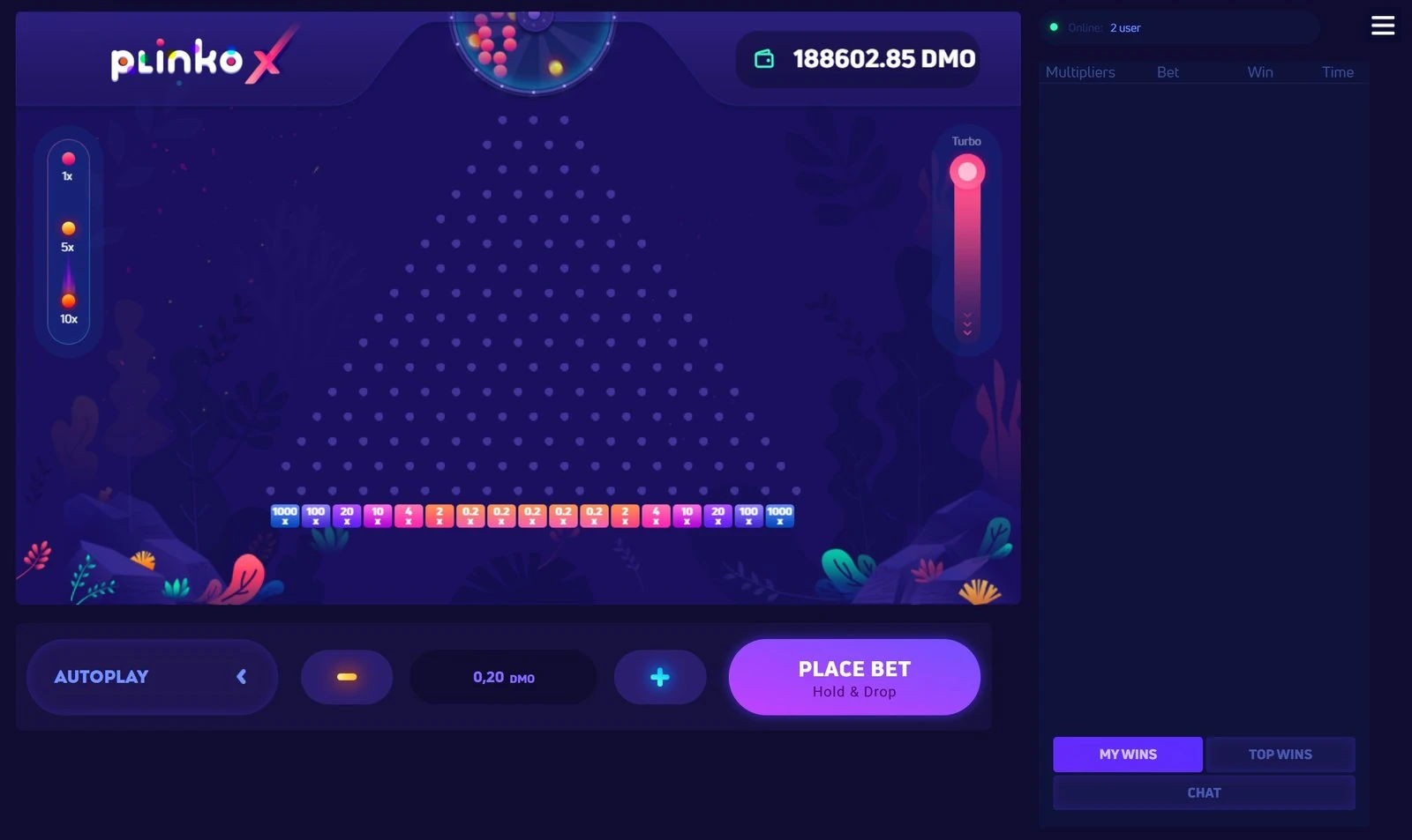 Vincite e moltiplicatori Plinko